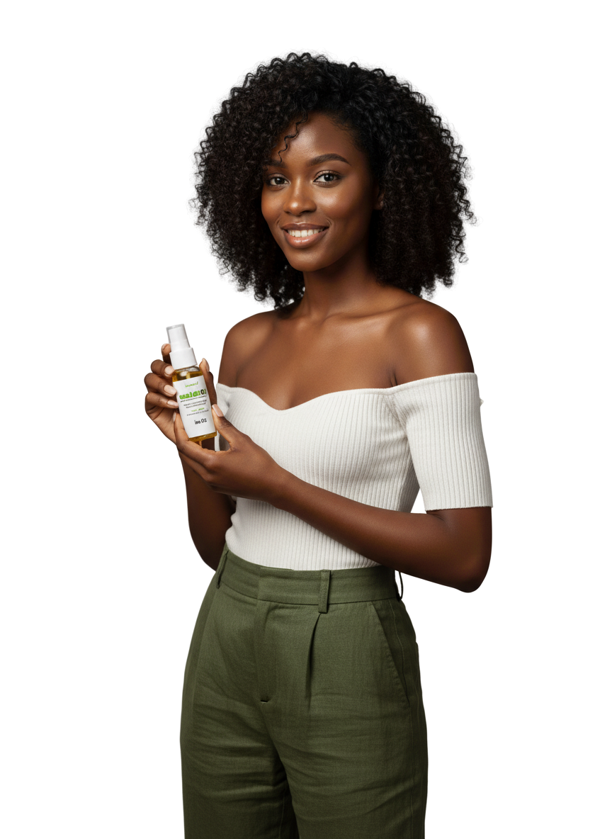 Femme présentant la bouteille d'huile capillaire Godbless